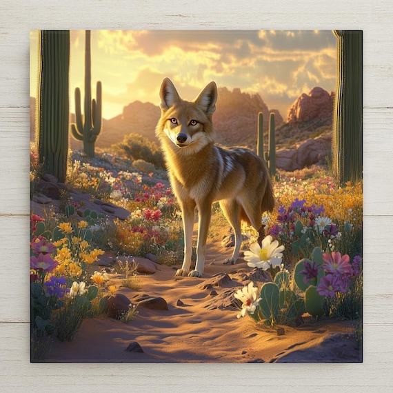 Desert Coyote Ceramic Tile Art: Southwest Wildlife Wall Decor