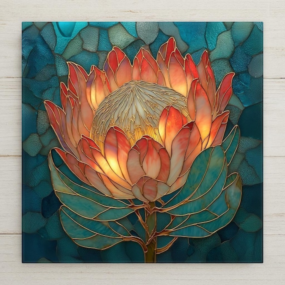 Protea Flower Coastal Wall Art Ceramic Tile – Stained Glass Style Botanical Home Decor Protea Bloom Wall Decor Floral Nature Art Tile Decor