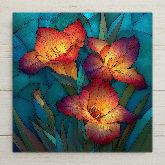 Gladiolus Wall Art Ceramic Tile August Birthday Gift Birth Month Flower Stained Glass Style Botanical Summer Art