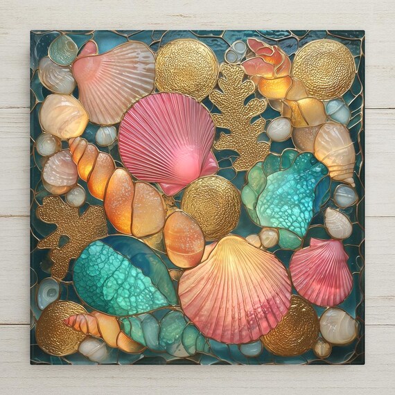 Coastal Seashell Mosaic Ceramic Tile Wall Art - Beach-Inspired Ocean Design for Nautical Home Decor