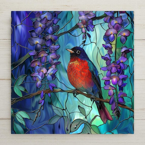 Red Robin Wall Art Tile: Stained Glass Style Home Decor Wisteria Garden Bird Gift