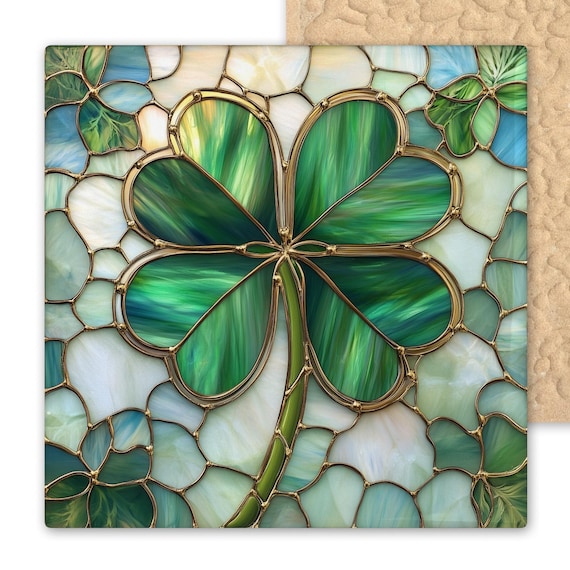 Handcrafted Four Leaf Clover Ceramic Tile - Stained Glass Shamrock Wall Art - Irish Home Decor