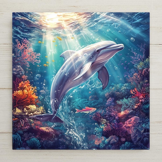 Coastal Dolphin Ceramic Tile Wall Art - Ocean-Inspired Nautical Decor for Home, Beach House, Bathroom