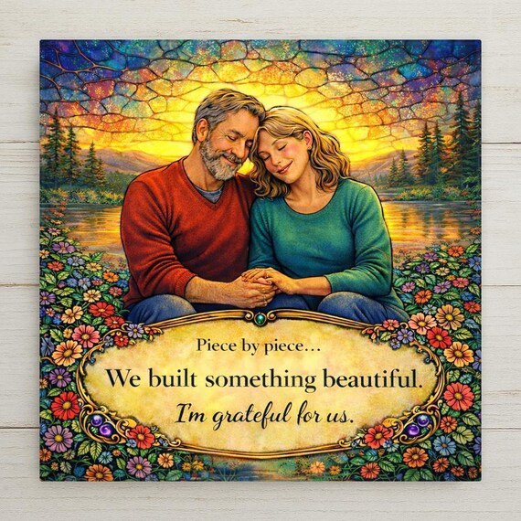 Anniversary Wall Art Ceramic Tile – Romantic Stained Glass Couple Decor, Marriage Gratitude Gift Home Decor