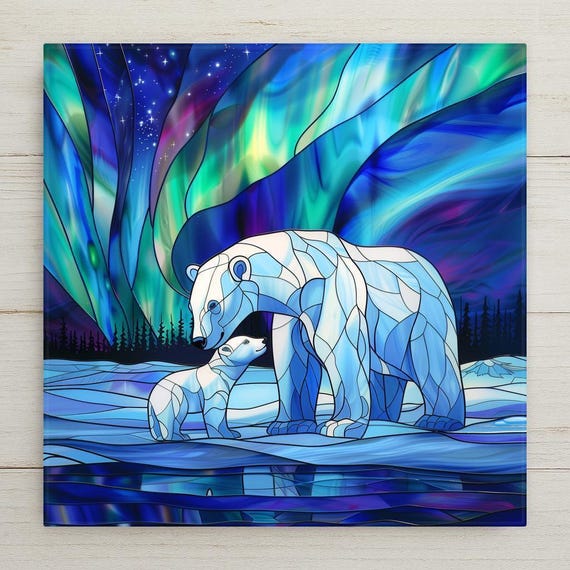 Polar Bear Wall Art Ceramic Tile Arctic Wildlife Decor Northern Lights Gift Nature Lover Cabin Art