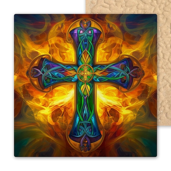 Vibrant Celtic Cross Ceramic Tile | Irish Christian Wall Art | Stained Glass-Inspired Spiritual Decor