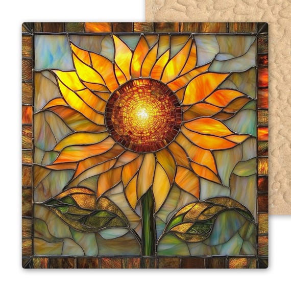 Radiant Sunflower Ceramic Wall Tile: Handcrafted Stained Glass Art for Garden-Inspired Home Decor