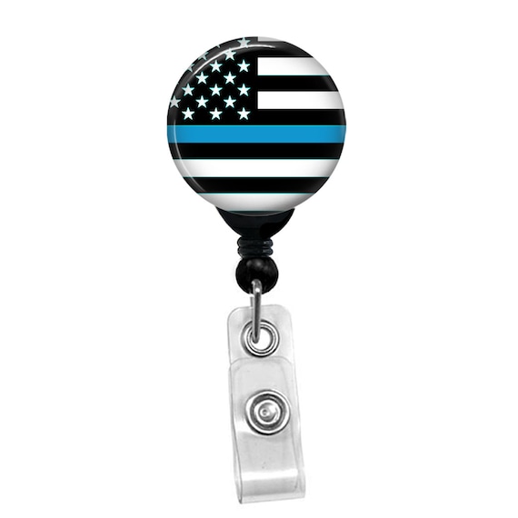 Thin Blue Line American Flag Badge Reel - Law Enforcement Support Retractable ID Holder - Police Officer Gift - Patriotic Clip