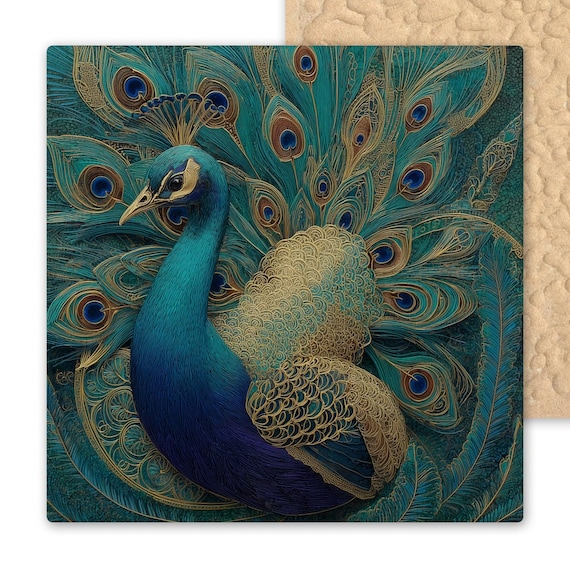Peacock Ceramic Tile Art - Teal and Gold Feather Wall Decor - Elegant Bird Tile for Nature Lovers and Luxurious Home or Gift Accents