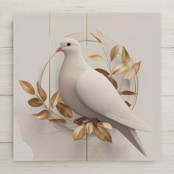 White Dove Ceramic Tile Wall Art - Modern Minimalist Gold Leaf Design, Peaceful Spiritual Home Decor Gift