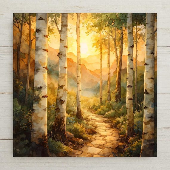 Birch Forest Wall Art Ceramic Tile – Aspen Tree Landscape Wall Decor, Golden Sunset Nature Home Decor Rustic Cabin Decor