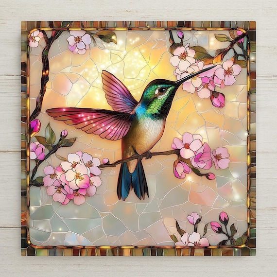 Handcrafted Stained Glass Hummingbird Ceramic Tile: Vibrant Floral Garden Wall Art Decor
