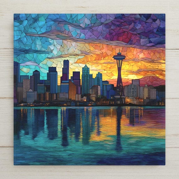 Seattle Skyline Ceramic Tile Mosaic - Space Needle Stained Glass Wall Art Decor, PNW Cityscape Gift