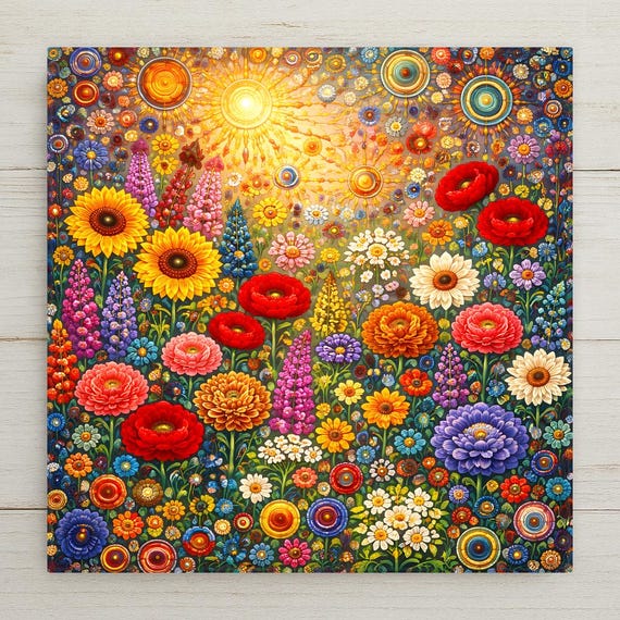 Botanical Wall Art Ceramic Tile – Vibrant Floral Meadow Mosaic, Colorful Flower Garden, Nature Inspired Stained Glass Style, Home Decor