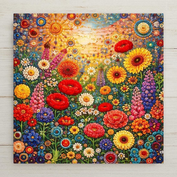 Floral Meadow Wall Art Ceramic Tile – Colorful Wildflower Botanical Design in Stained Glass Style, Nature Inspired Home Decor