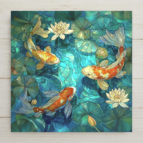 Koi Fish Lotus Ceramic Tile Decor – Symbolic Prosperity and Harmony Art with Stained Glass Style for Calm, Balanced Home Decor