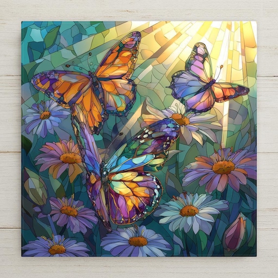 Stained Glass Butterfly Ceramic Tile Wall Art – Colorful Nature Wall Decor, Symbolic Home Decor, Encouragement Gift