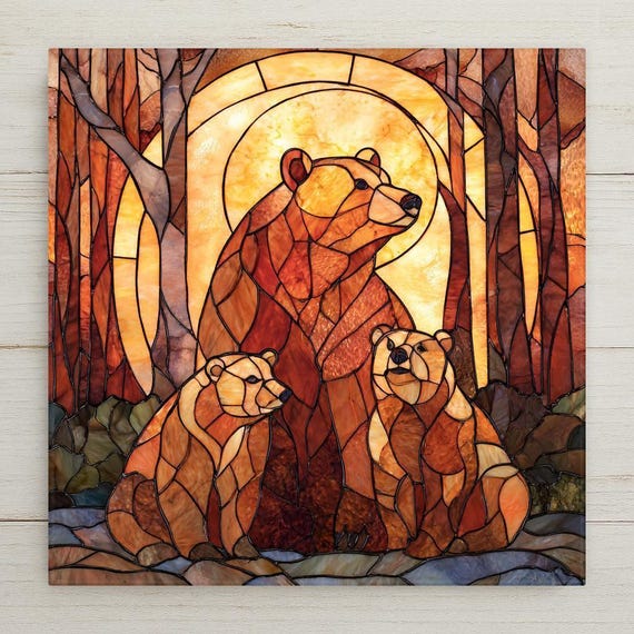 Bear Family Ceramic Tile Wall Art – Stained Glass Style Wildlife Decor, Rustic Cabin Home Decor, Woodland Nature Art Gift
