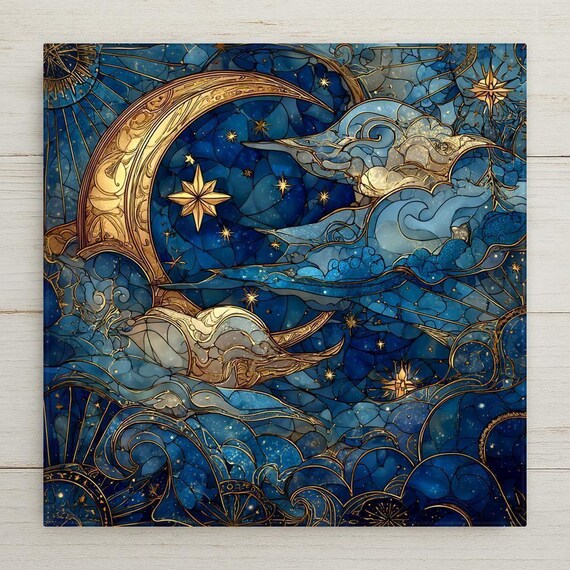 Moon & Stars Ceramic Tile Wall Art – Stained Glass Style Night Sky, Celestial Wall Decor, Mystical Home Decor
