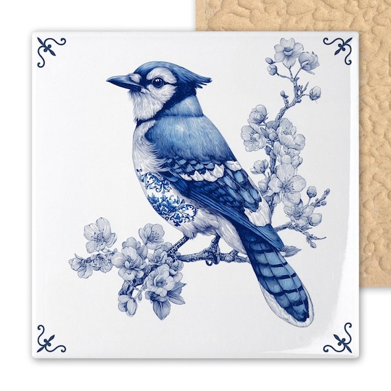 Delft-Inspired Bluejay Ceramic Tile: Dutch Blue & White Bird Wall Art with Cherry Blossoms
