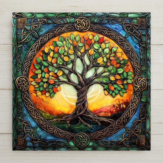 Celtic Tree of Life Ceramic Tile: Autumn Leaves Knotwork Art Irish Gifts
