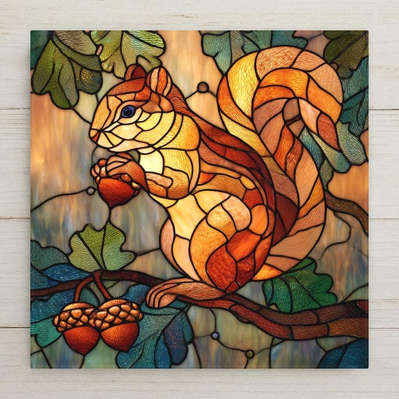 Squirrel Ceramic Tile Wall Art - Stained Glass Woodland Autumn Forest Nature Home Decor Gift