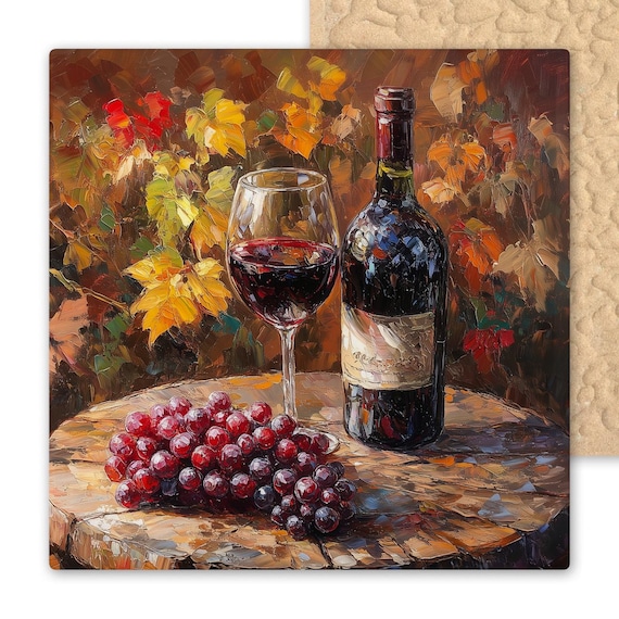 Autumn Vineyard Ceramic Tile Art: Handmade Rustic Wine Wall Decor for Kitchen, Bar, Home Accent