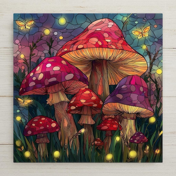 Stained Glass Mushroom Ceramic Tile Wall Art – Whimsical Fairy Garden Decor, Magical Woodland Home Decor, Enchanted Nature Gift