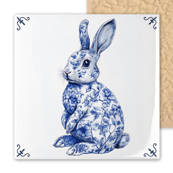 Whimsical Blue Delft Tile Art: Floral Bunny Illustration - Dutch Ceramic Wall Decor for Easter & Spring