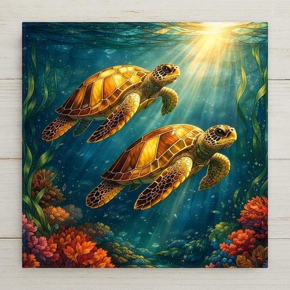 Sea Turtle Wall Art Ceramic Tile – Stained Glass Coastal Ocean Decor Beach House Home Decor Gift