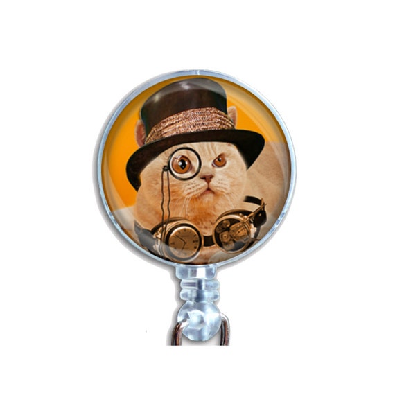Steampunk Ginger Cat Badge Reel – Retractable ID Holder with Goggles Monocle and Black Hat, Funny Work Gift for Cat Lovers Nurses