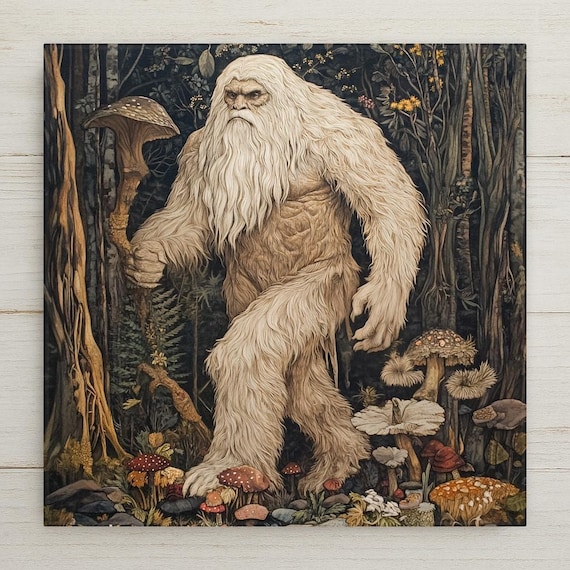 Bigfoot Ceramic Tile Wall Art – William Morris Inspired Forest Home Decor Mystical Woodland Wall Decor Gift Nature Fantasy Illustration Tile