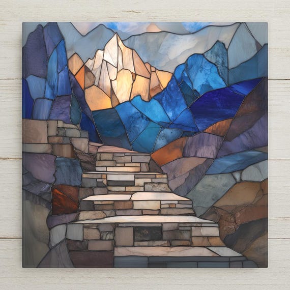 Mountain Stairway Ceramic Tile Wall Decor for Living Room or Entryway – Meaningful Ascent Art, Stained Glass Style Calm Home Accent