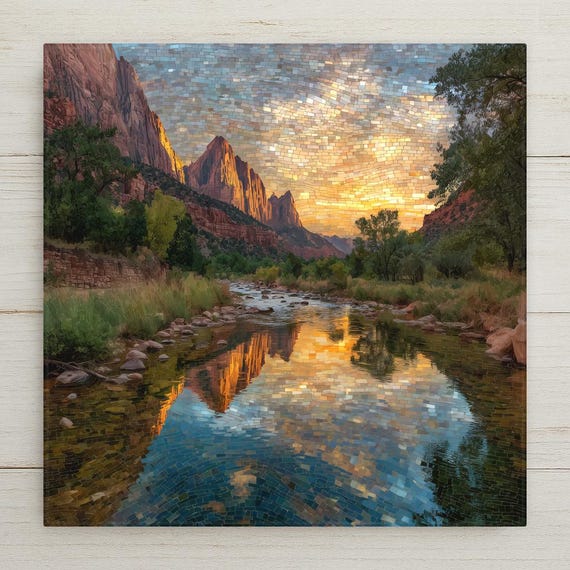 Zion National Park Ceramic Tile Wall Art – Zion Canyon Sunset River Reflection, Stained Glass Style Southwest Wall Decor