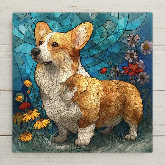 Corgi Wall Art Ceramic Tile Stained Glass Style Memorial Sympathy Gift Welsh Corgi Dog Decor Nature Art