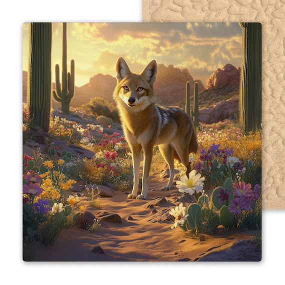 Southwest Ceramic Tile Art: Desert Coyote with Blooming Cactus - Rustic Wildlife Wall Accent