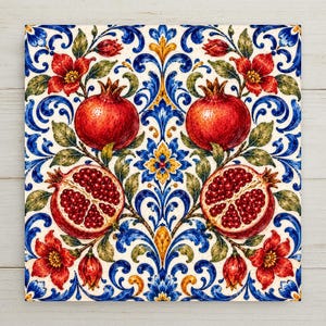 May include: A square ceramic tile featuring a symmetrical botanical pattern with red pomegranates, both whole and halved, surrounded by intricate blue scrolling acanthus leaves, yellow floral accents, and red blossoms on a cream background.