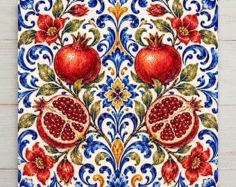 Pomegranate Majolica Ceramic Tile | Mediterranean Kitchen Wall Art | Italian Patterned Tile | Cobalt Blue Folk Decor