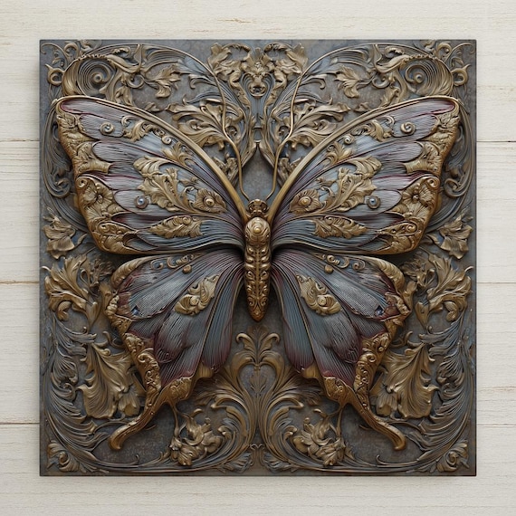 Art Nouveau Butterfly Ceramic Tile Wall Art – Stained Glass Style Botanical Butterfly Decor, Nature Inspired Home Accent Tile