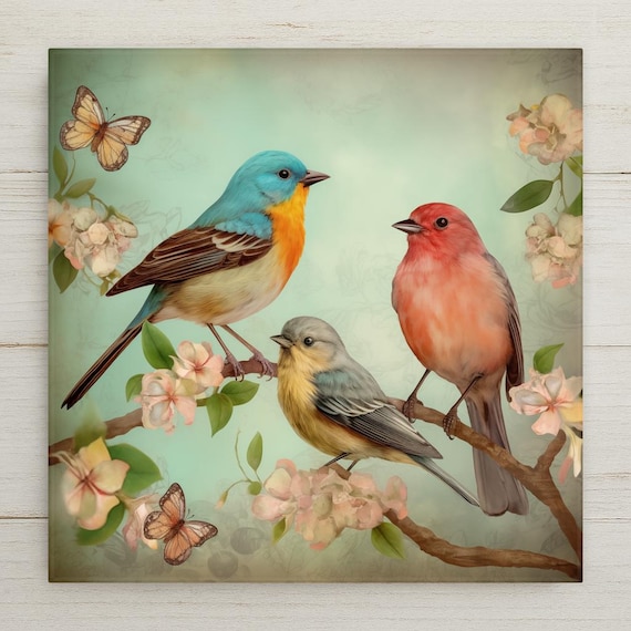 Bohemian Songbird Ceramic Tile Art: Textured Floral Wall Decor for Cottagecore Home
