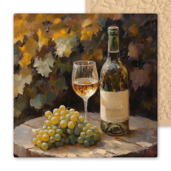 Rustic Vineyard Ceramic Tile Art - Handmade White Wine Wall Decor for Kitchen - Grape Harvest Gift
