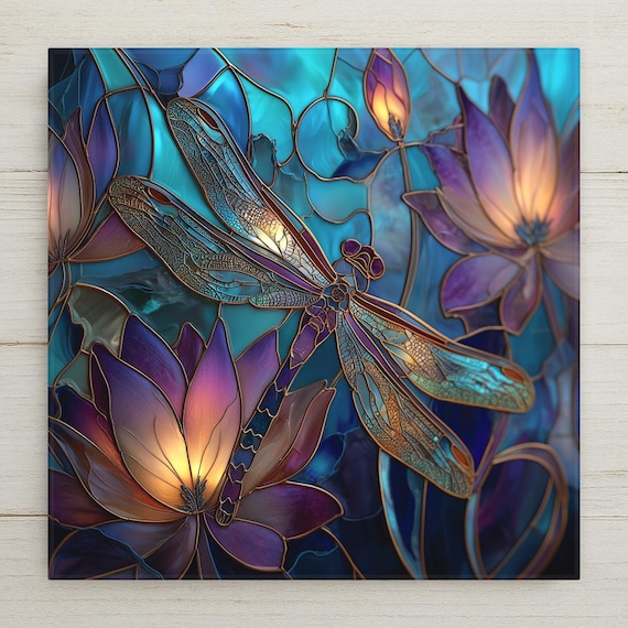 Dragonfly Ceramic Tile Wall Art – Stained Glass Lotus Design, Nature Home Decor, Botanical Wall Decor Gift for Garden Lovers