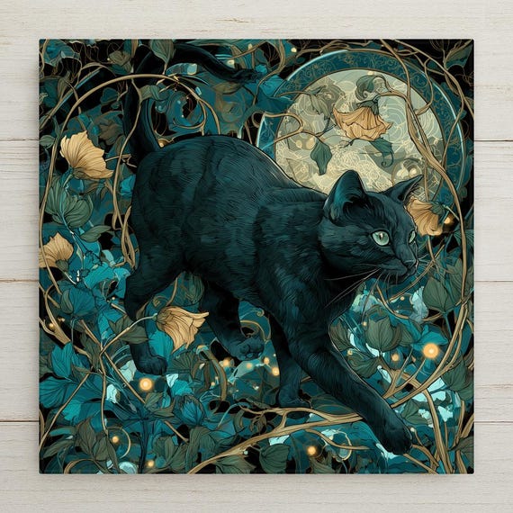 Mystical Black Cat Ceramic Tile Wall Art - Gothic Moon Night Scene with Flowers - Stained Glass Style Decor