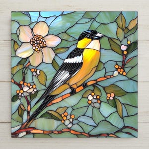 Stained glass-inspired ceramic tile art featuring a vibrant goldfinch with flowers. Perfect goldfinch bird wall art for spring wall decor, bird lovers, and unique gifts.