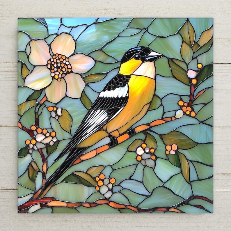 Stained glass-inspired ceramic tile art featuring a vibrant goldfinch with flowers. Perfect goldfinch bird wall art for spring wall decor, bird lovers, and unique gifts.