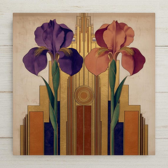 Art Deco Iris Pair Ceramic Art Tile: Roaring 20s Wall Decor Anniversary Gift Art Nouveau Gallery Home Decor Couples Iris