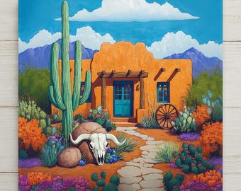 Adobe House Wall Art Ceramic Tile Southwestern Wall Art Santa Fe Style Desert Decor Saguaro Cow Skull New Mexico Gift