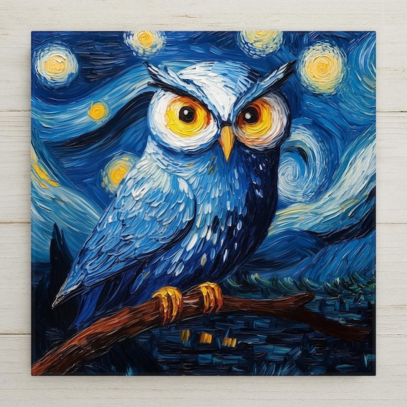 Van Gogh Inspired Starry Night Owl Ceramic Tile: Impressionist Handcrafted Decor Art