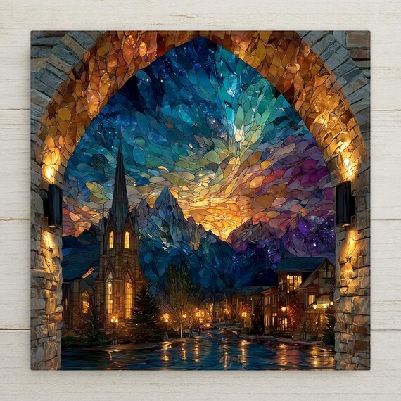 Jackson Hole Wall Art Ceramic Tile Stained Glass Style Wyoming Gift Mountain Town Decor Place Identity
