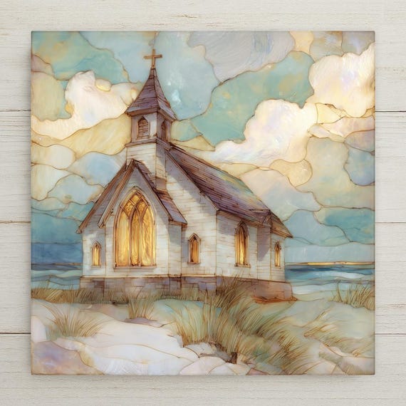 Coastal Church Ceramic Tile Wall Art – Stained Glass Style Seaside Chapel, Christian Coastal Home Decor, Faith Inspired Ocean Wall Decor